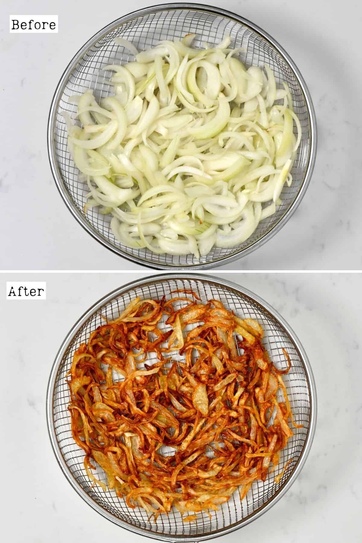 Before and after frying onion