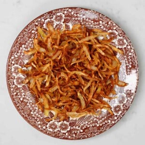 A plate with crispy fried onion