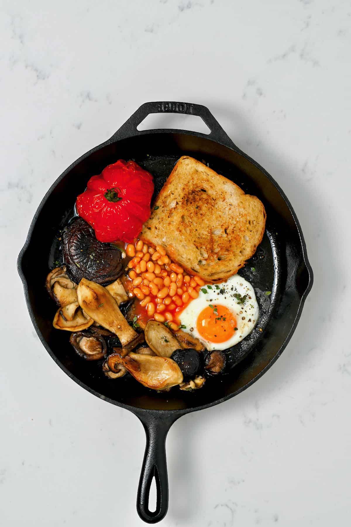 A pan with English breakfast