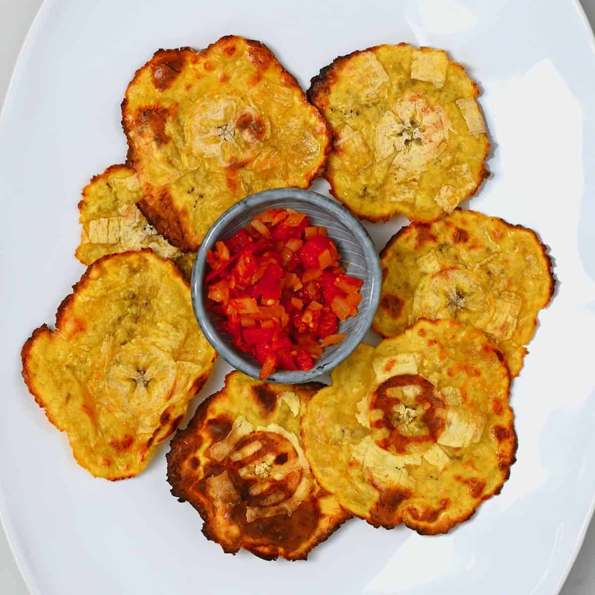 Plantain chips and red salsa
