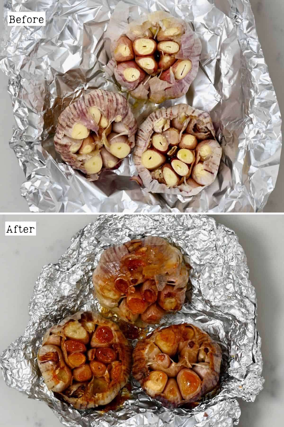 Before and after roasting garlic