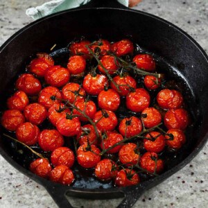 Roasted cherry tomatoes in a pan