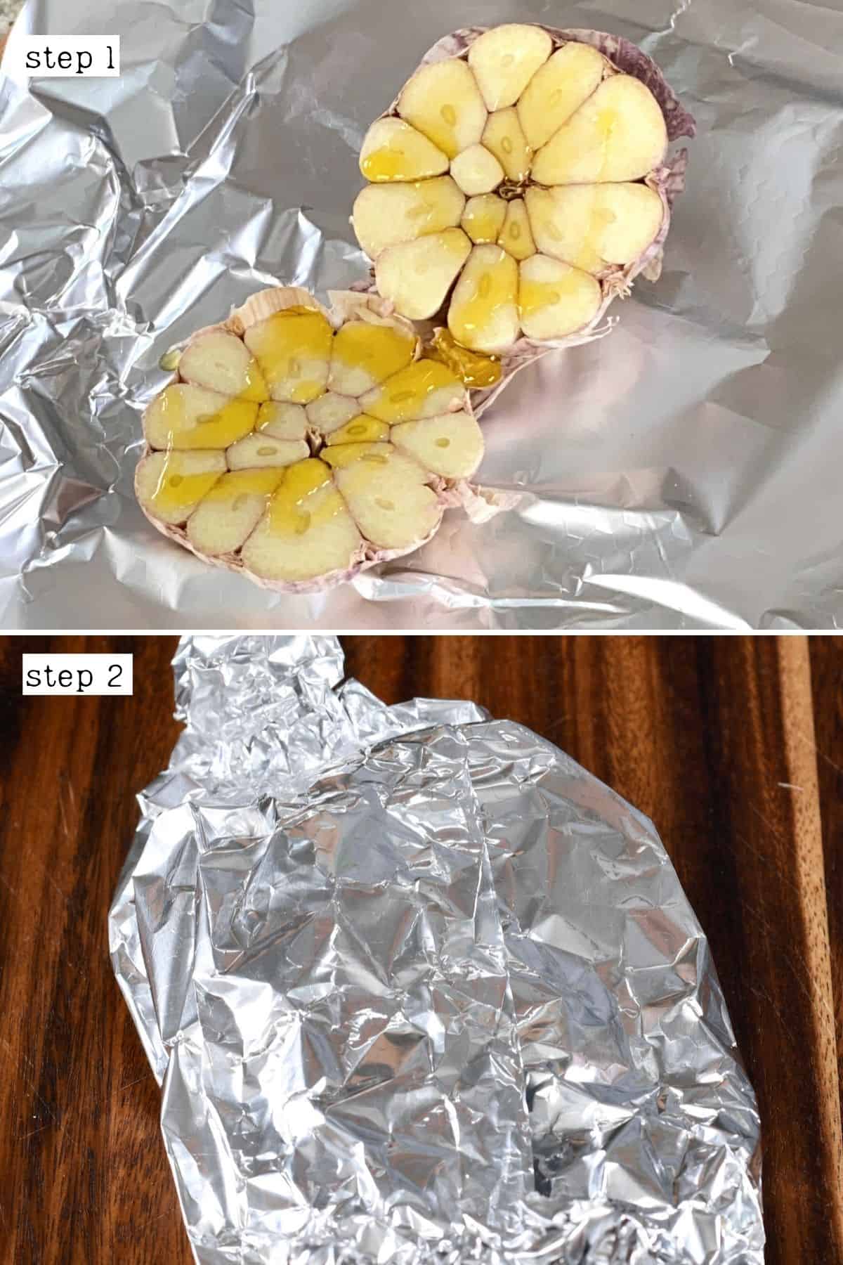 Steps for wrapping garlic in foil