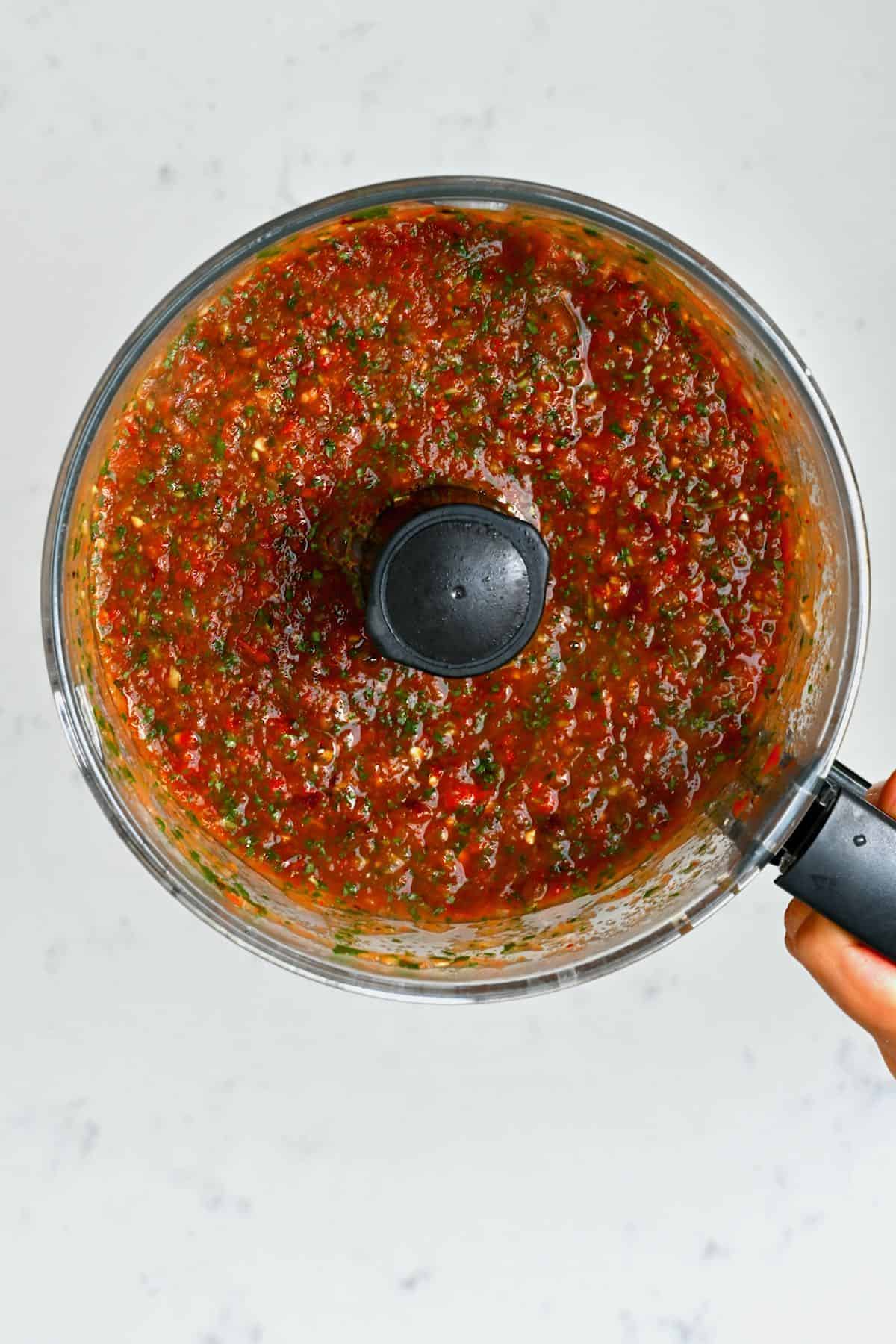 Roasted tomato salsa in a food processor