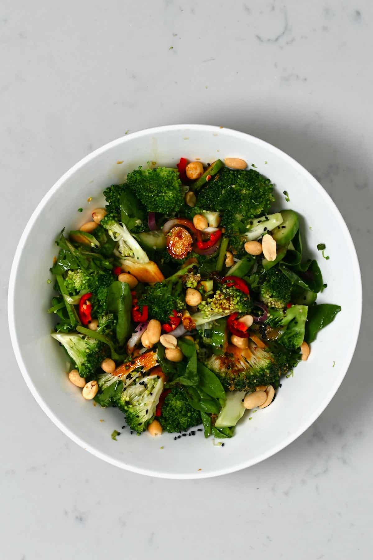 A bowl with broccoli salad
