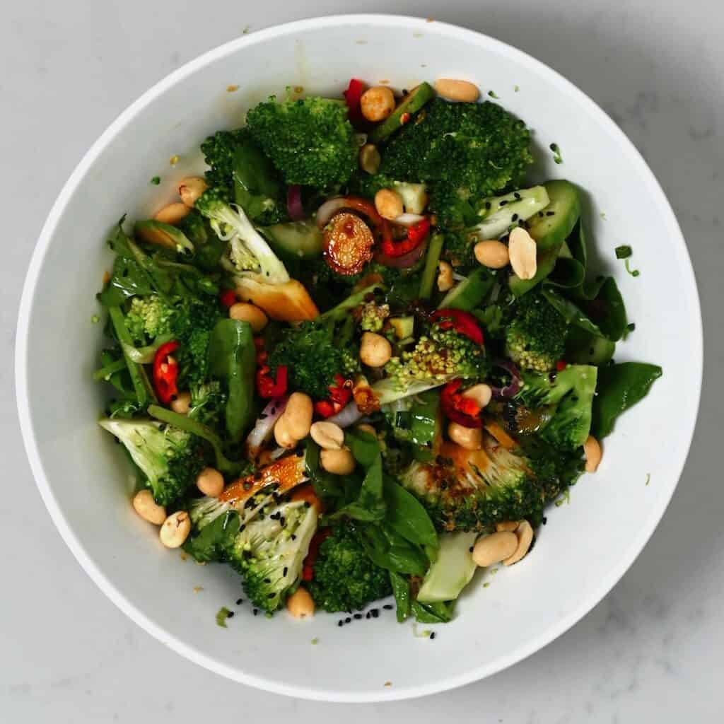 A bowl with broccoli salad