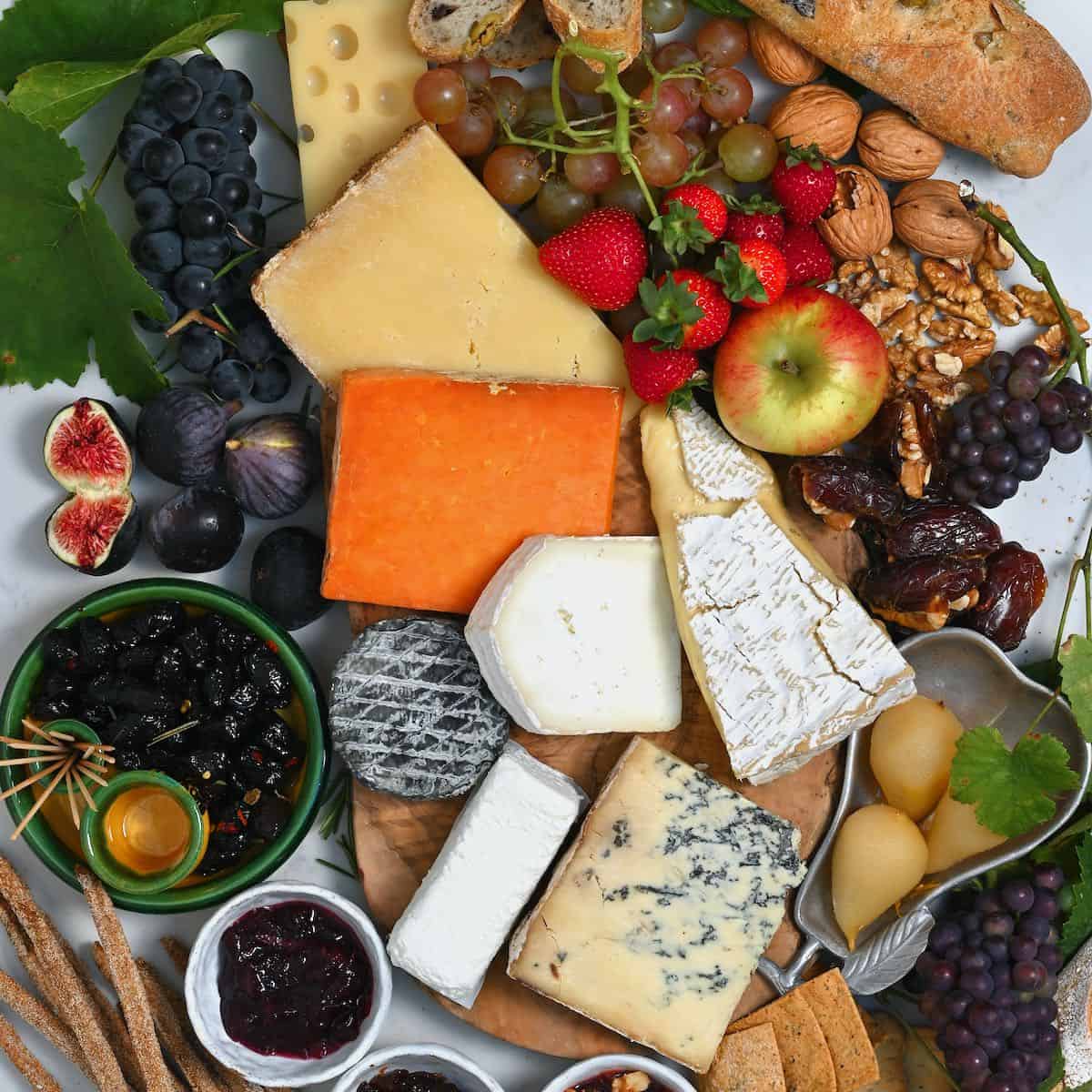 Selection of fruit and cheese for a cheese platter