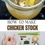 Homemade chicken stock and ingredients to make it