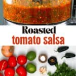 Roasted tomato salsa in a blender and ingredients to make it