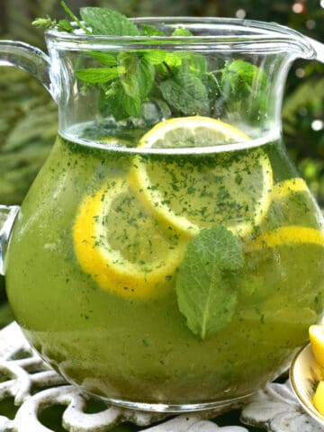 A pitcher with mint lemonade