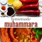 Homemade muhammara in a bowl and ingredients to make it