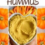 Pumpkin spice hummus in a heart shaped bowl