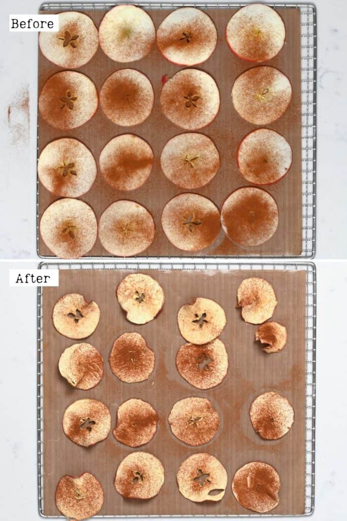 Before and after drying apple slices with cinnamon