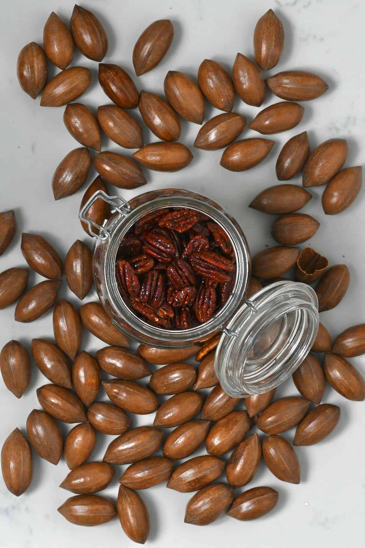 A jar with candied pecans