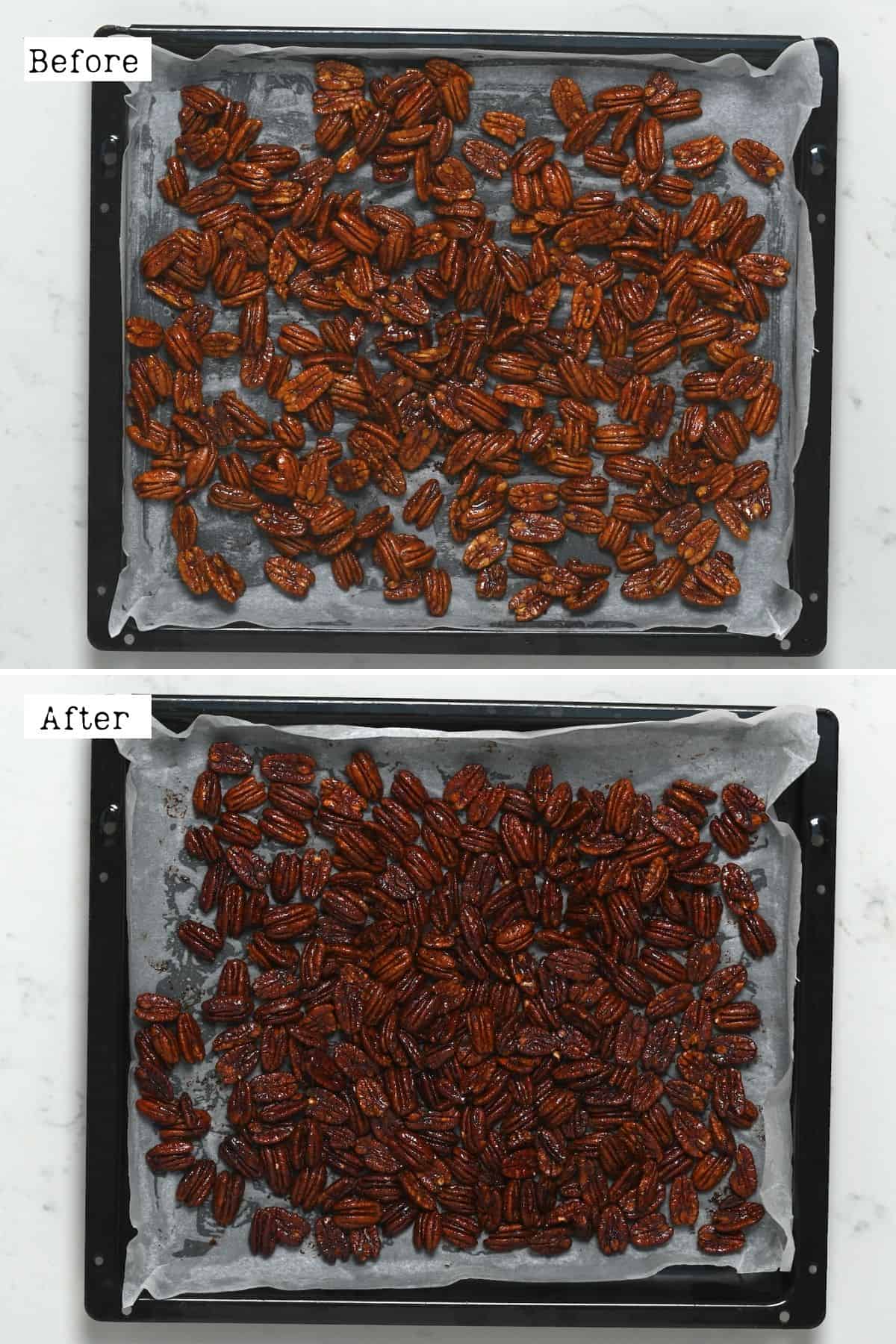 Before and after drying candied pecans