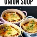 Three bowls with french onion soup
