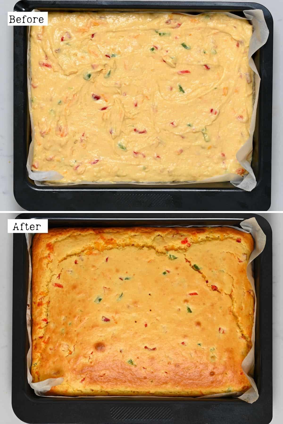 Before and after baking jalapeño cornbread