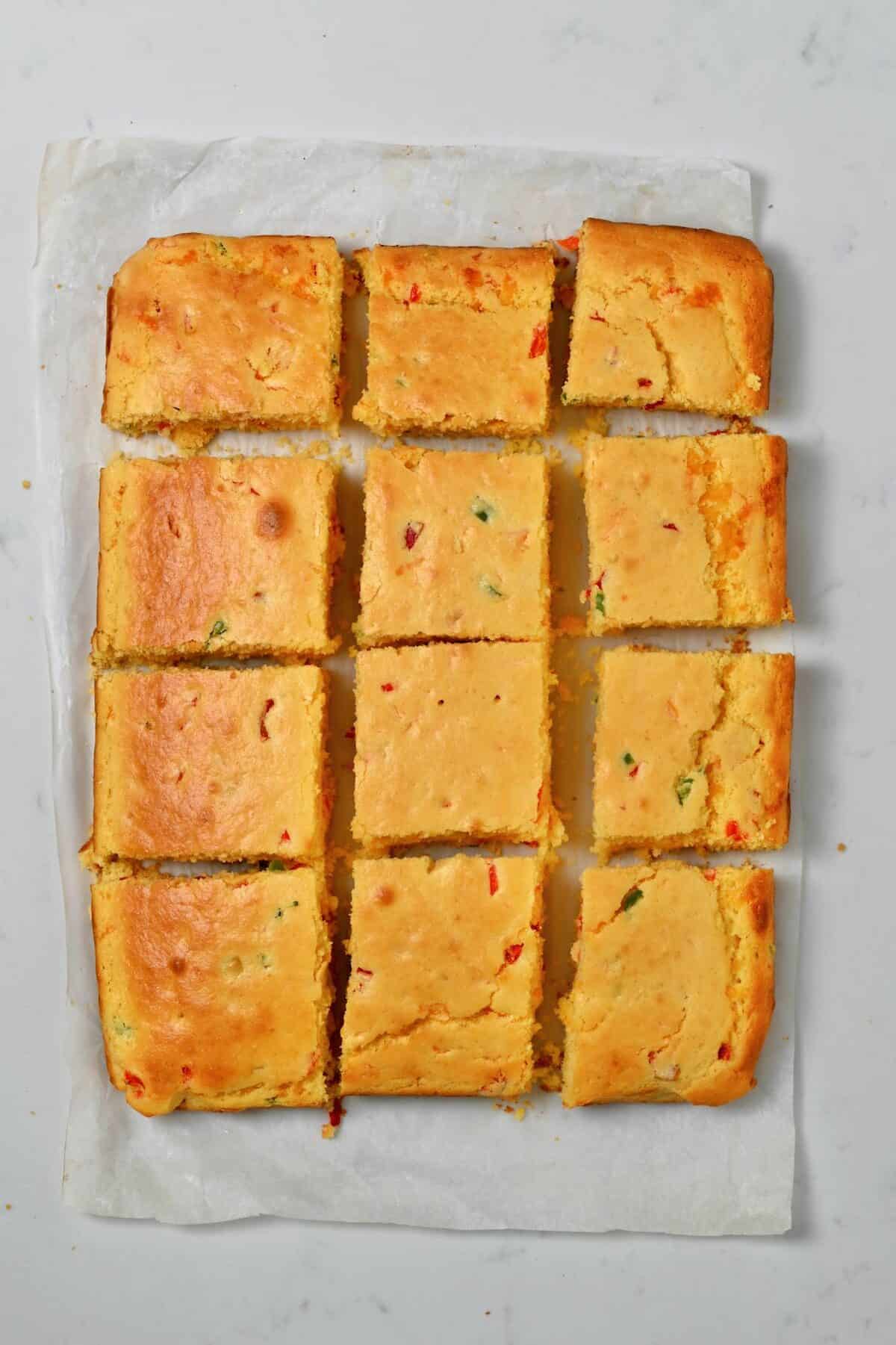 Jalapeño cornbread cut into squares