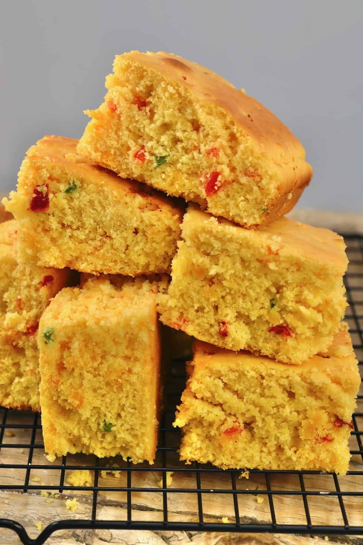 Jalapeño cornbread squares on top of each other