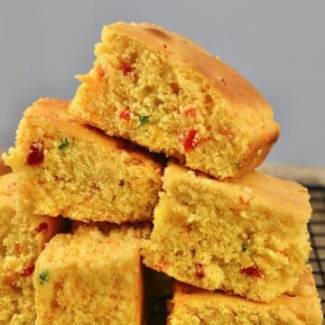 Jalapeño cornbread squares on top of each other