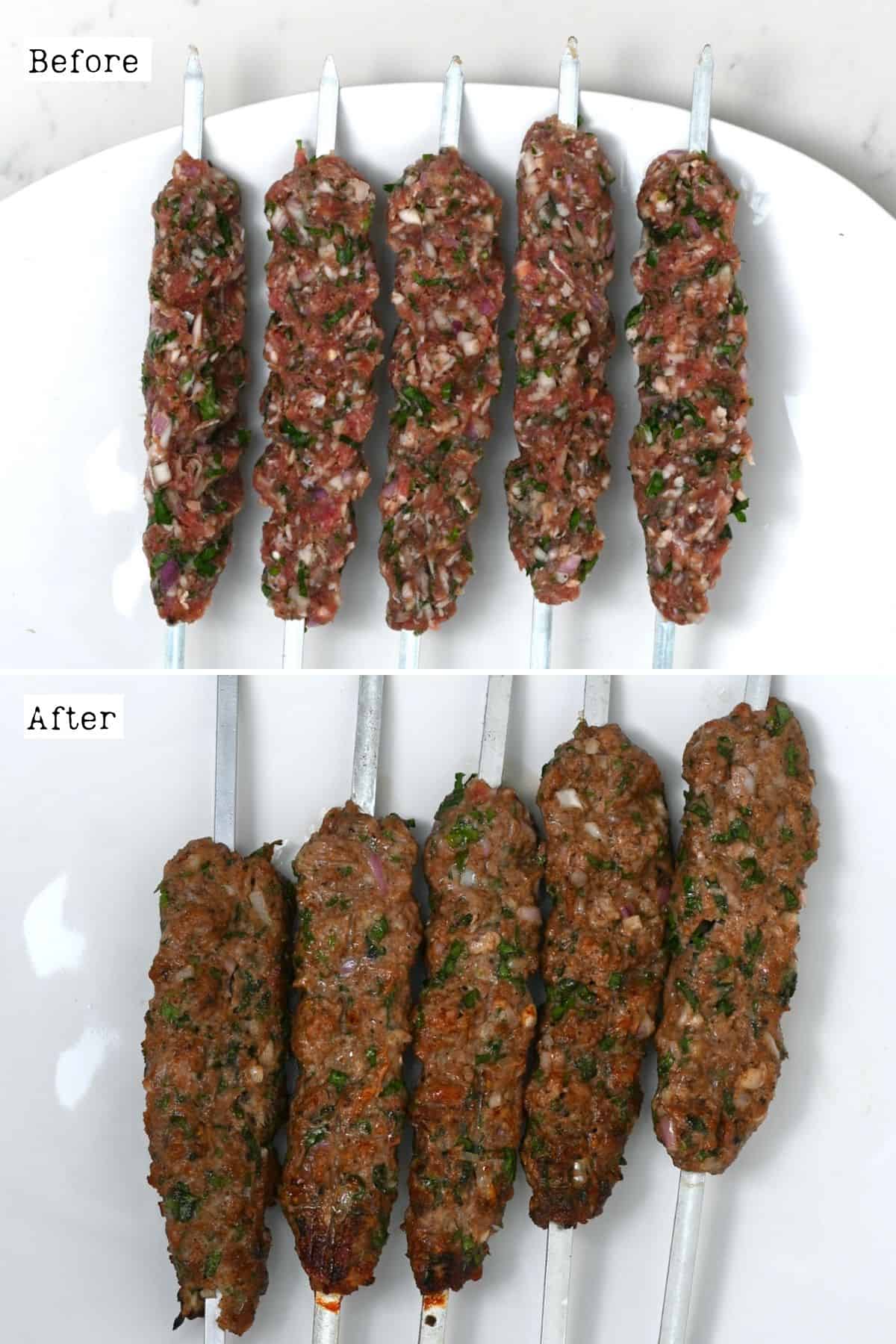 Before and after cooking kofta skewers
