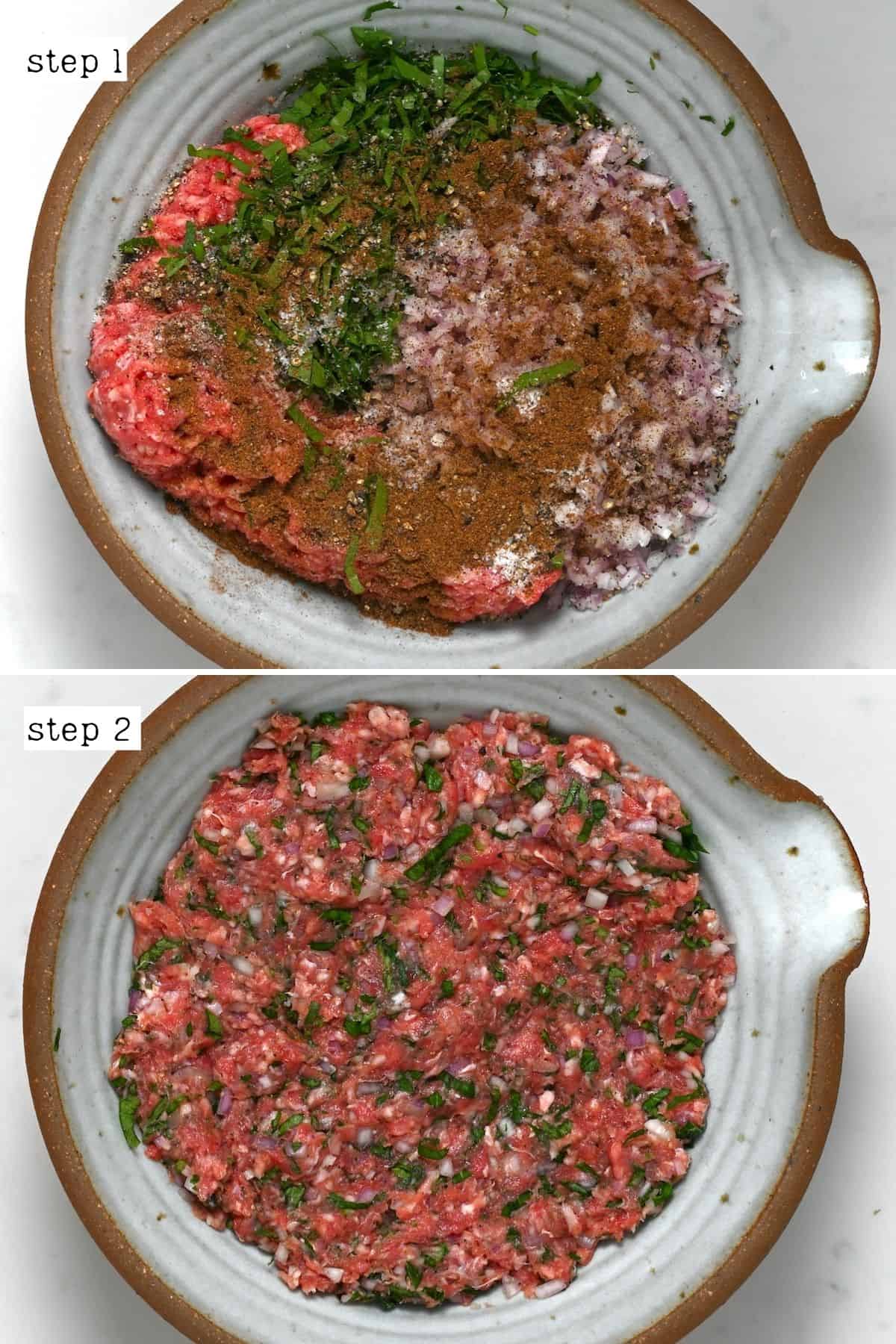 Steps for mixing minced meat and spice for kofta