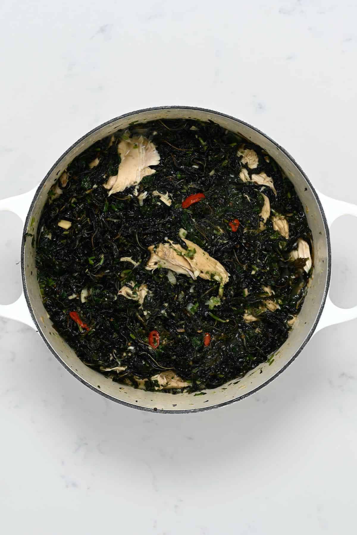 Freshly made molokhia with chicken