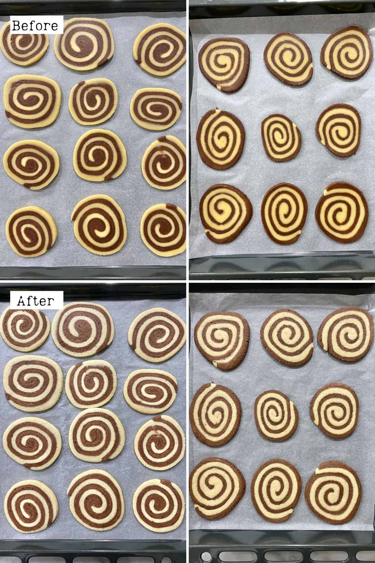 Before and after baking pinwheel cookies