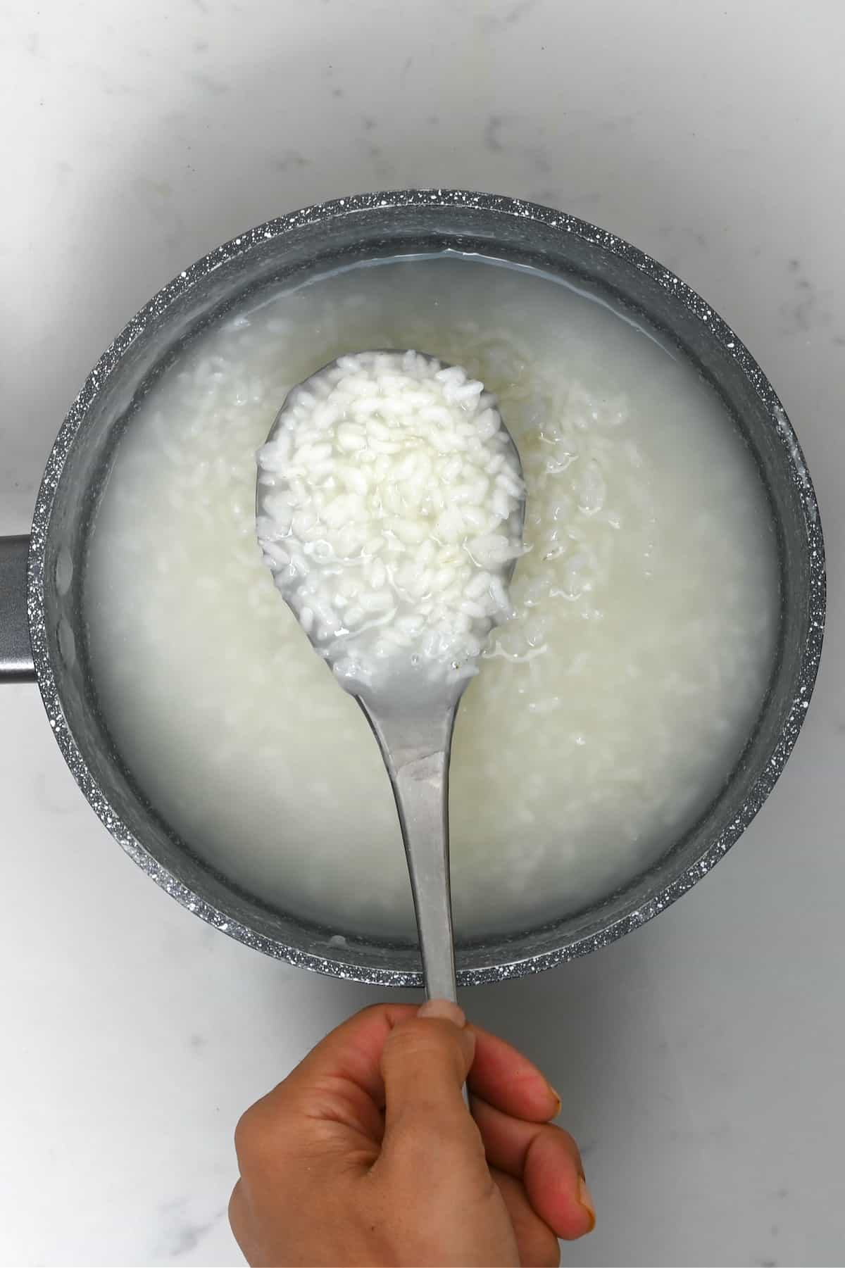 Cooked rice in a pot