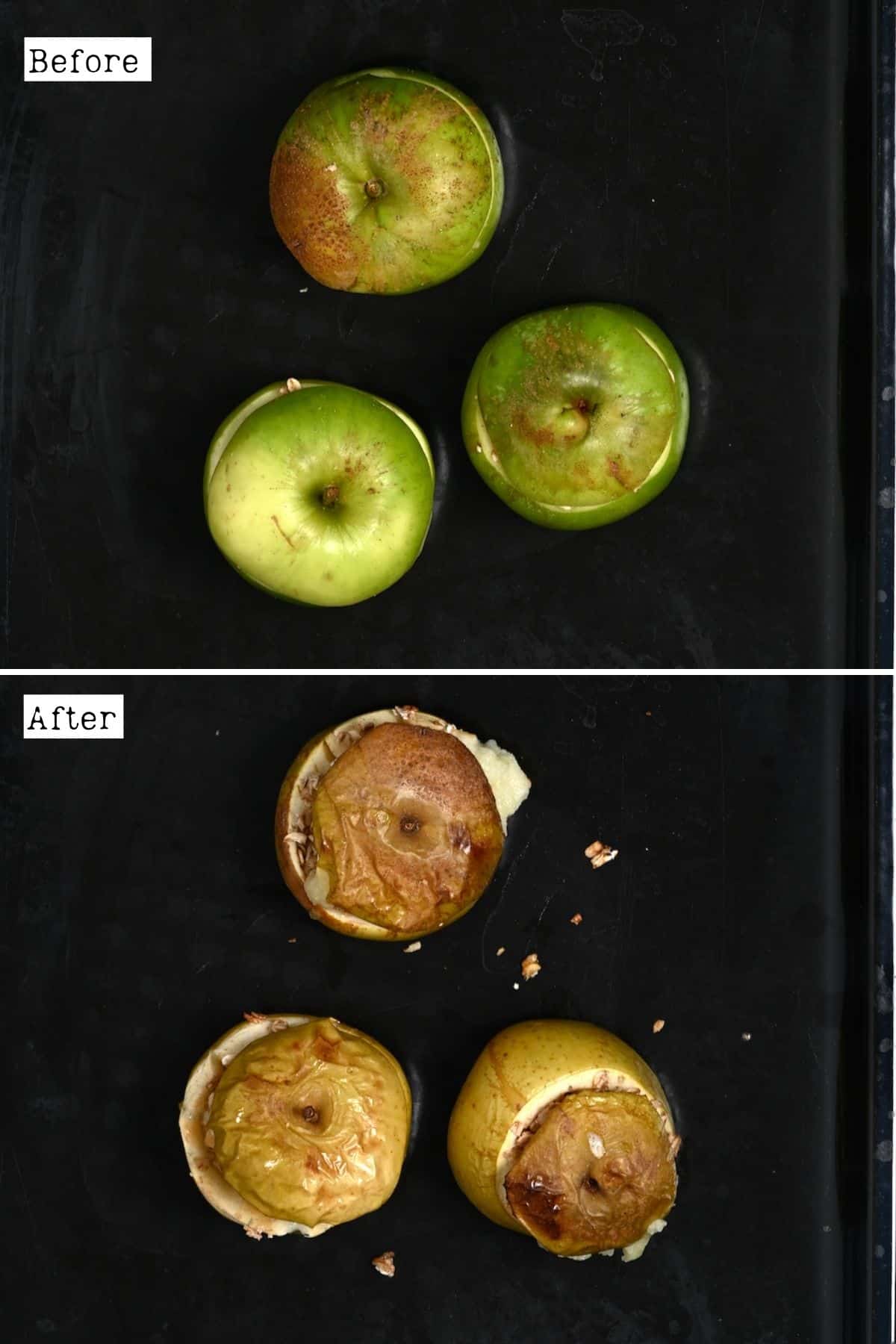 Before and after baking stuffed apples