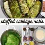 A saucepan with stuffed cabbage rolls and ingredients to make them