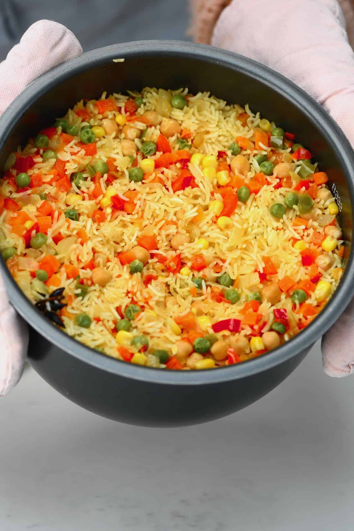 A pot with vegetable rice