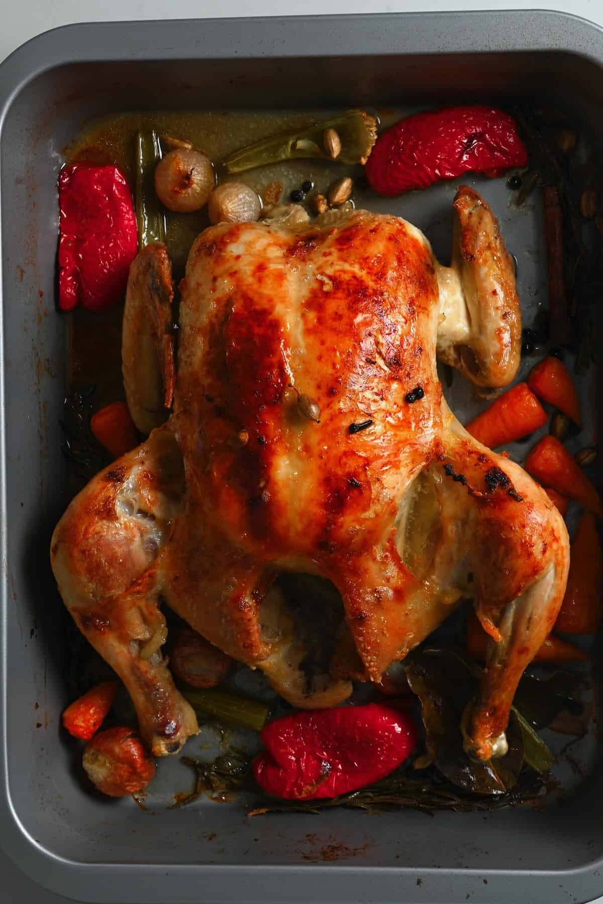 Roasted chicken on a baking tray