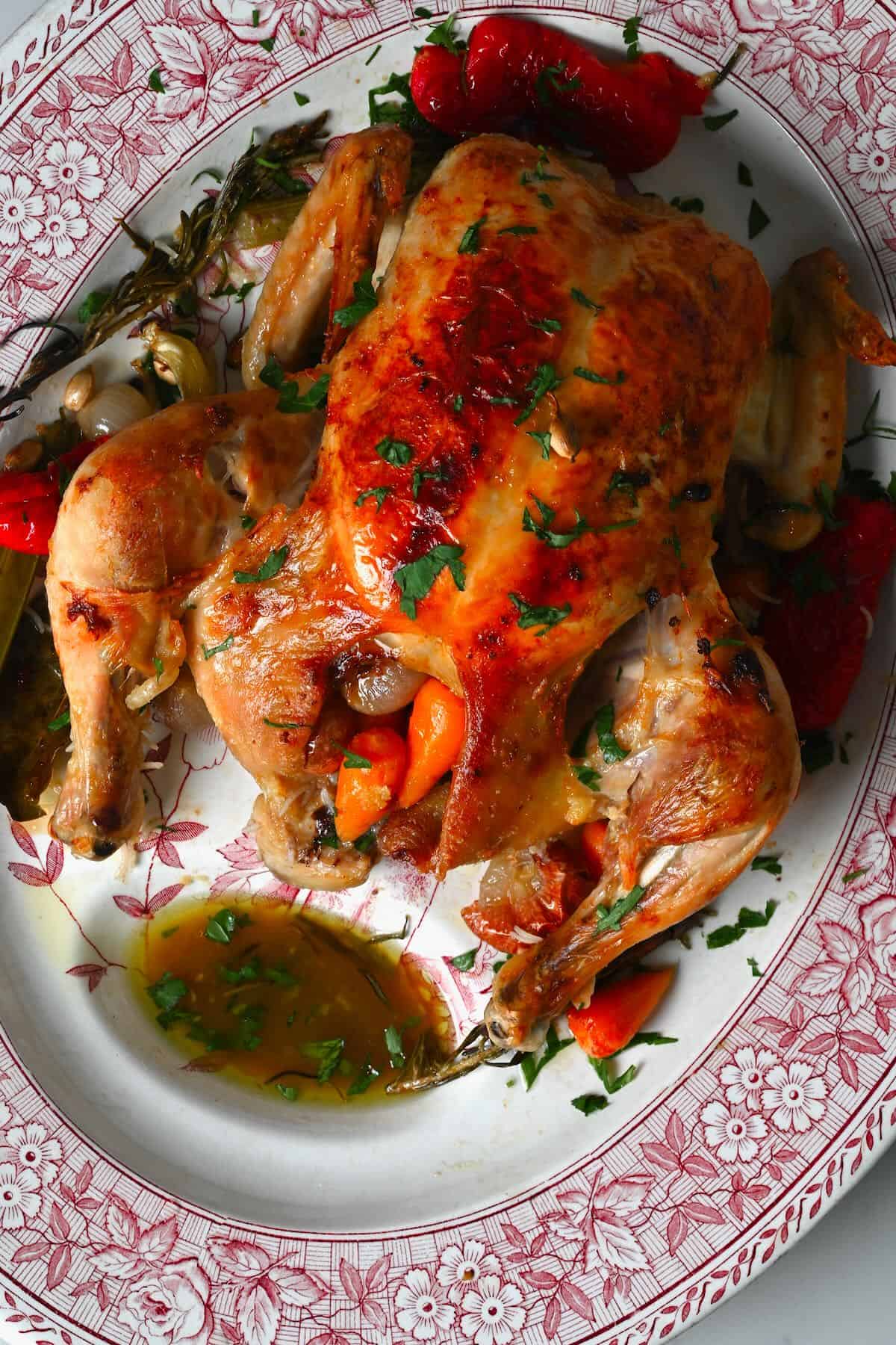 Roasted chicken served on a plate