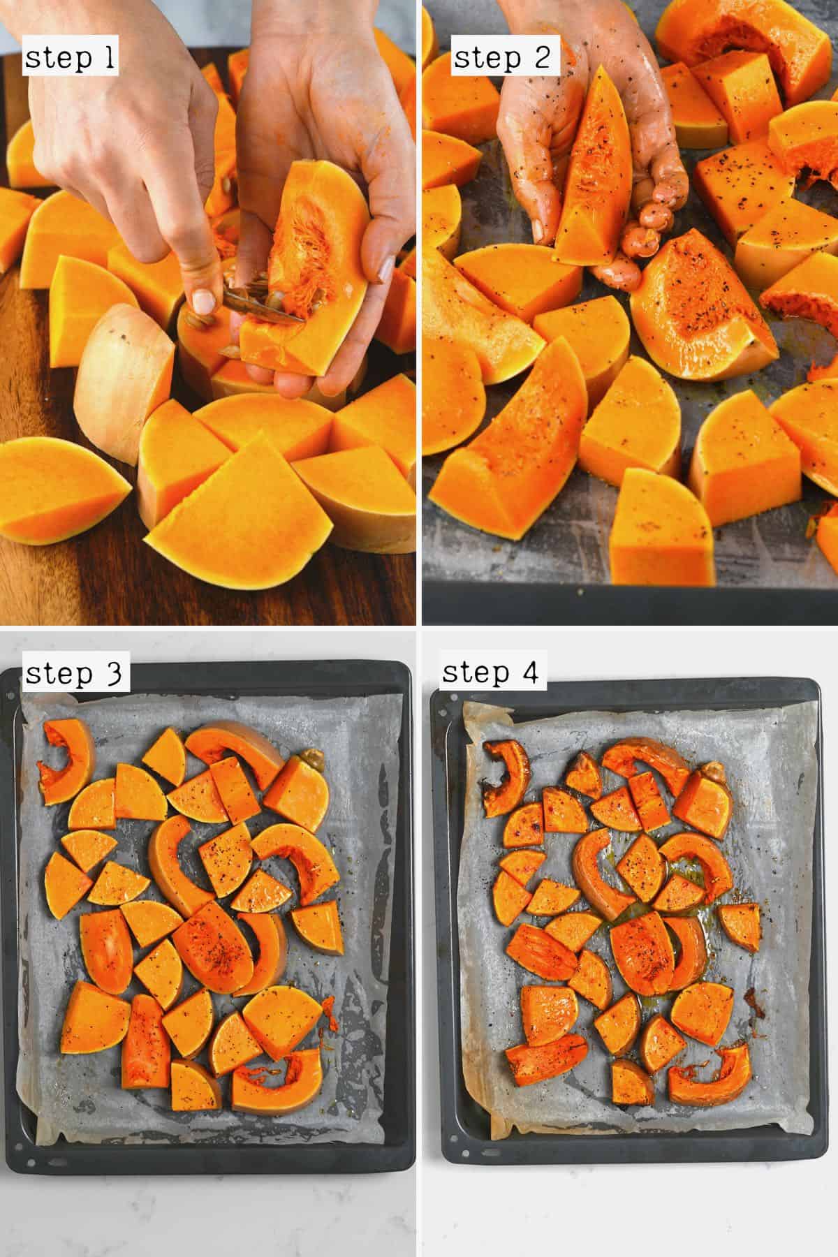 a collage of the steps for roasting butternut squash