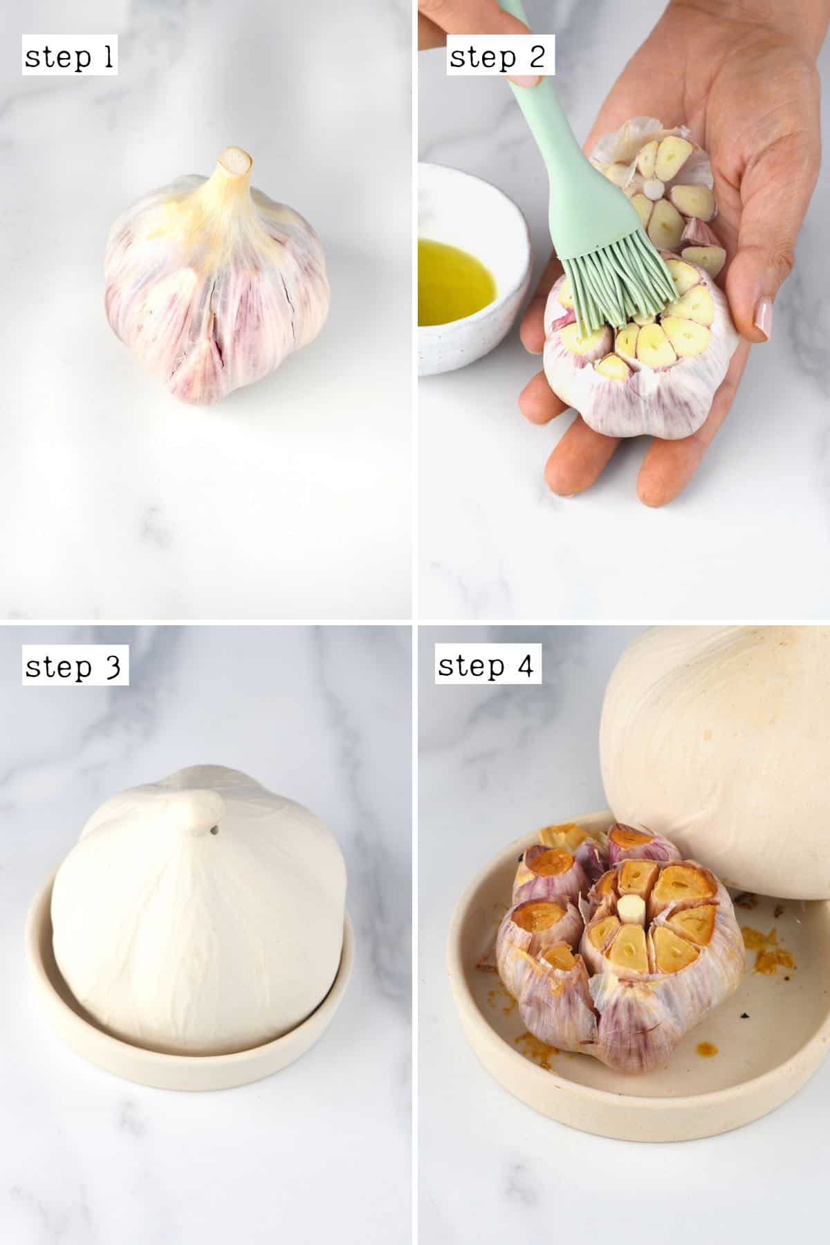a collage of the steps for roasting garlic