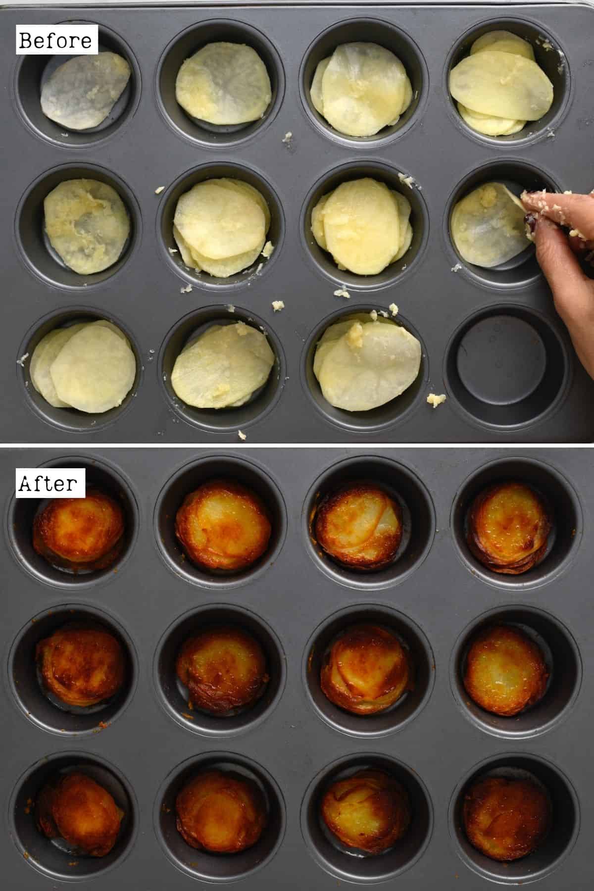 Before and after baking crispy cheesy potato stacks