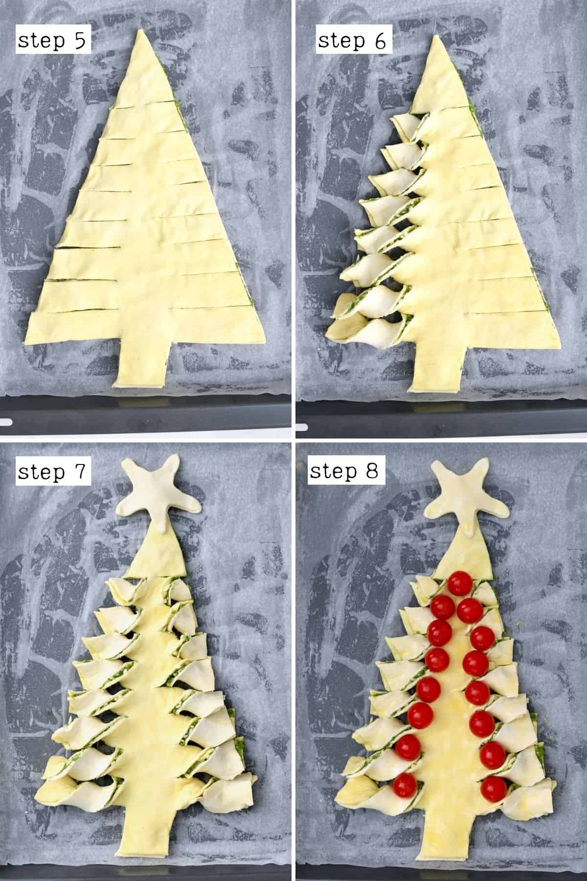 Steps for shaping puff pastry Christmas tree