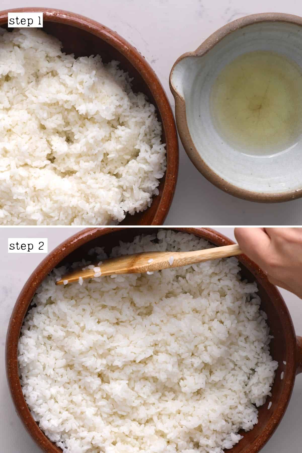 Steps for mixing sushi rice with vinegar
