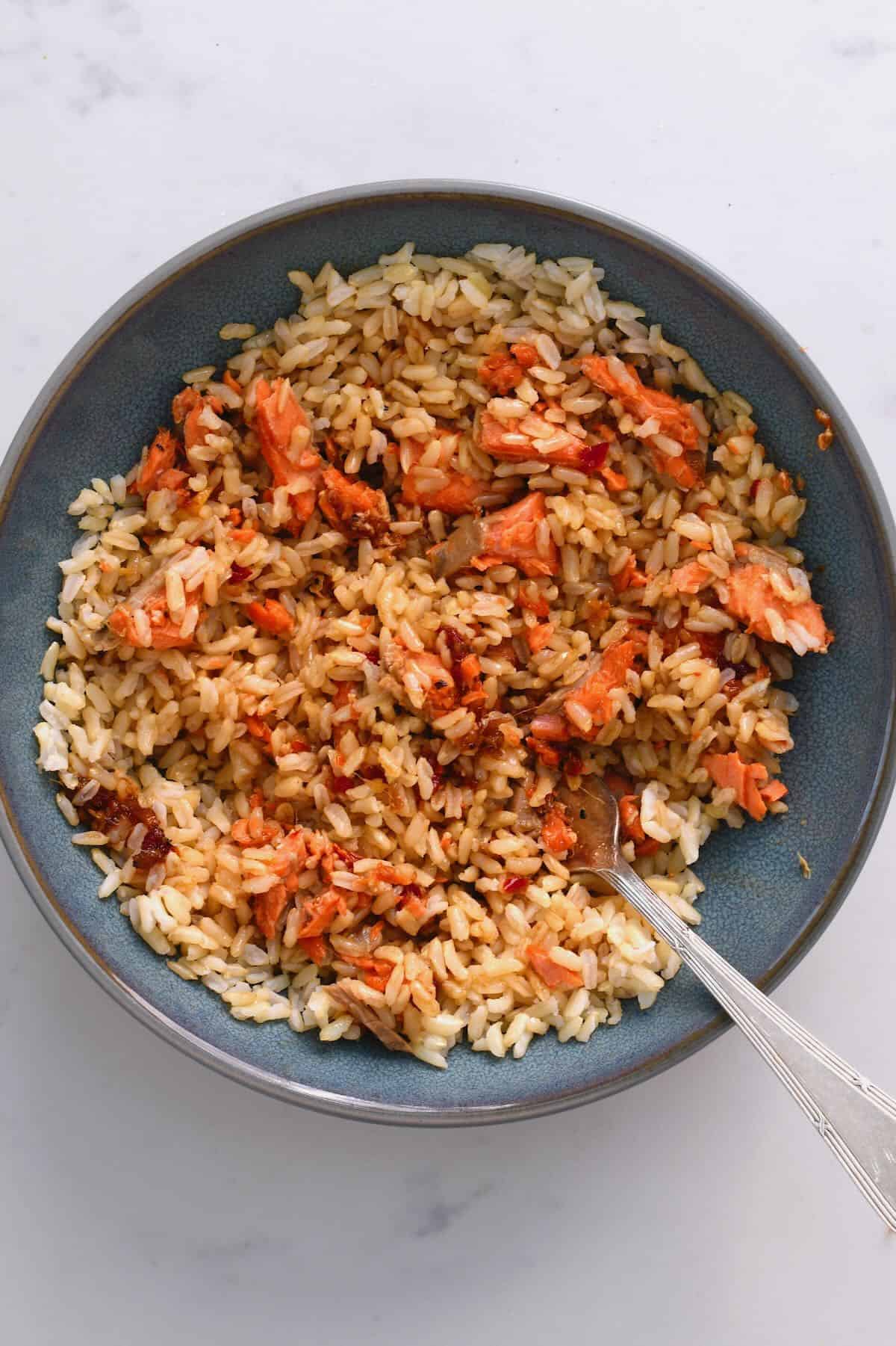 A bowl with salmon and rice