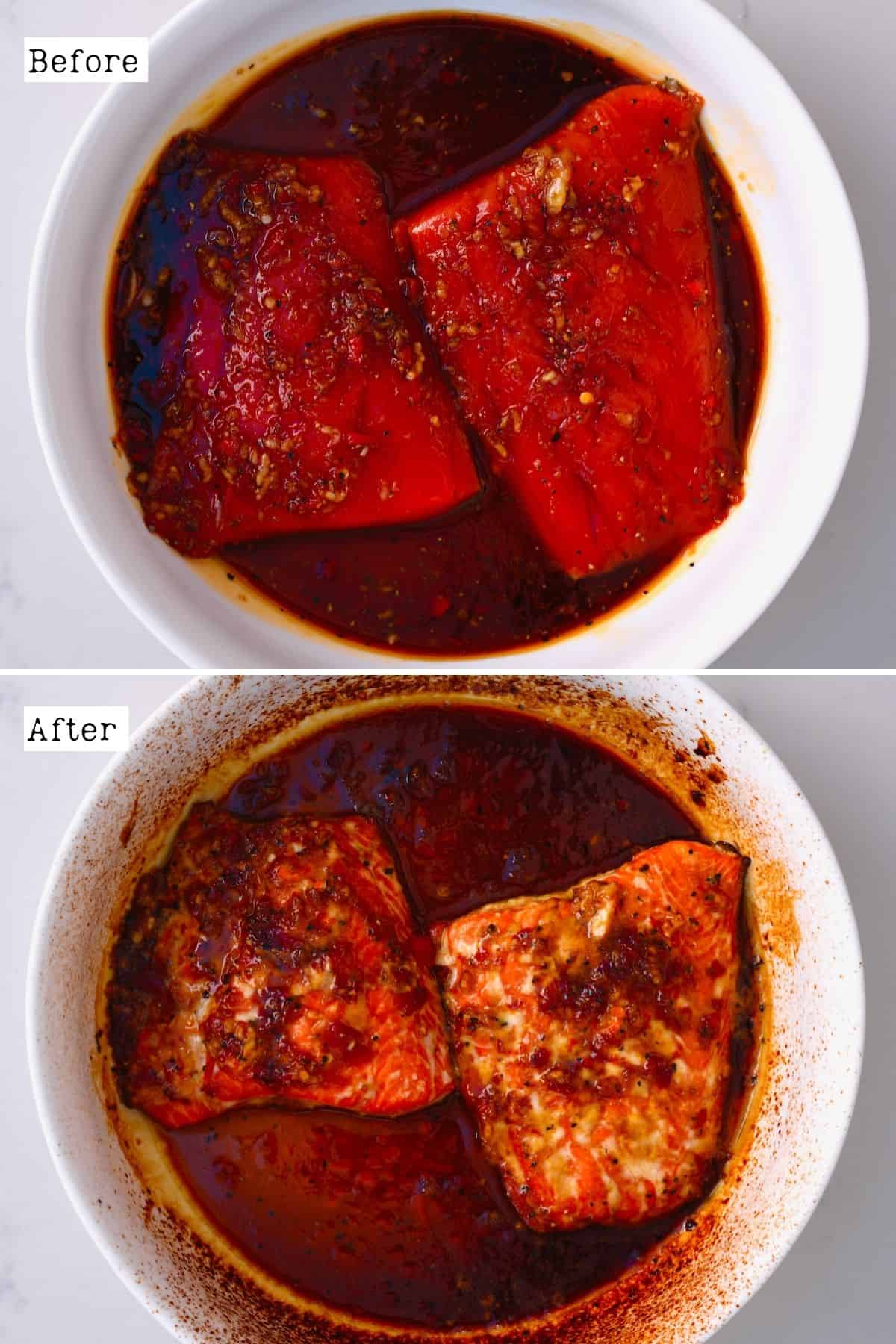 Before and after baking teriyaki salmon
