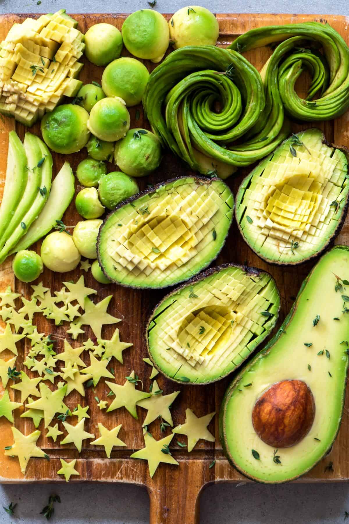 Avocado cut into different shapes - rosette, stars, mini balls