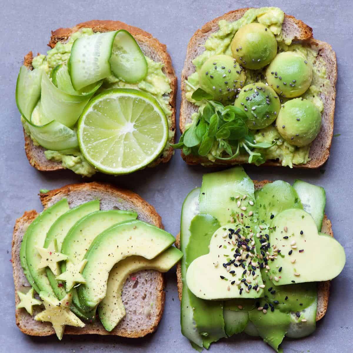 Avocado toasts with differently cut avocado