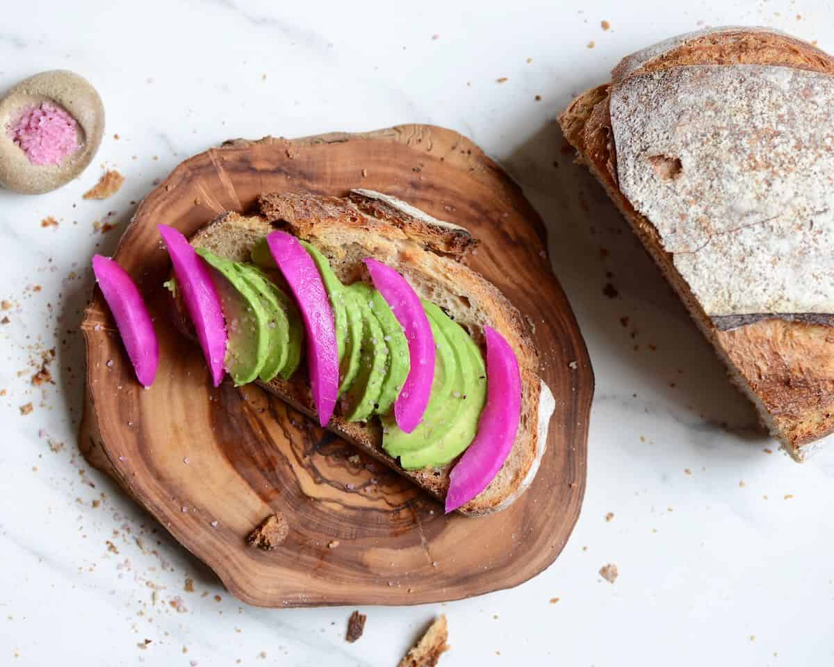 Avocado toeast with pink pickles