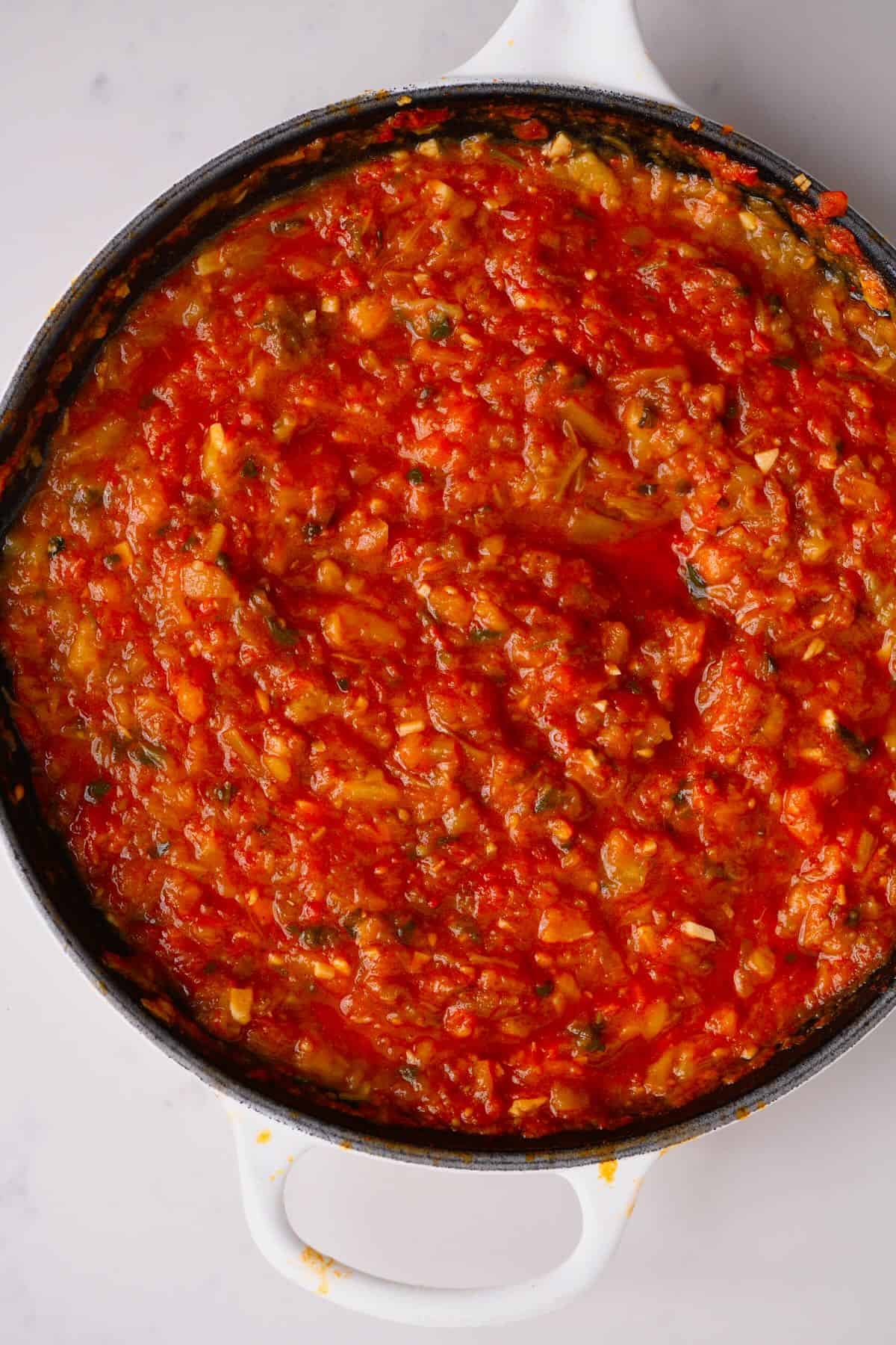 A pan with eggplant tomato dip