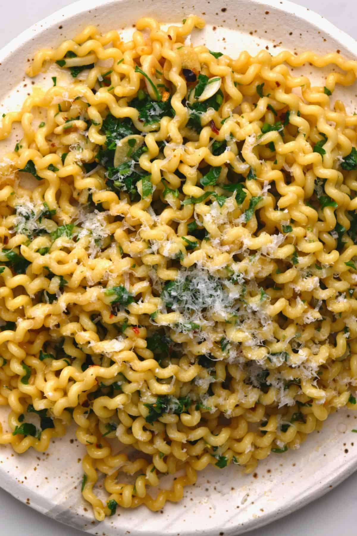 Garlic olive oil pasta on a plate