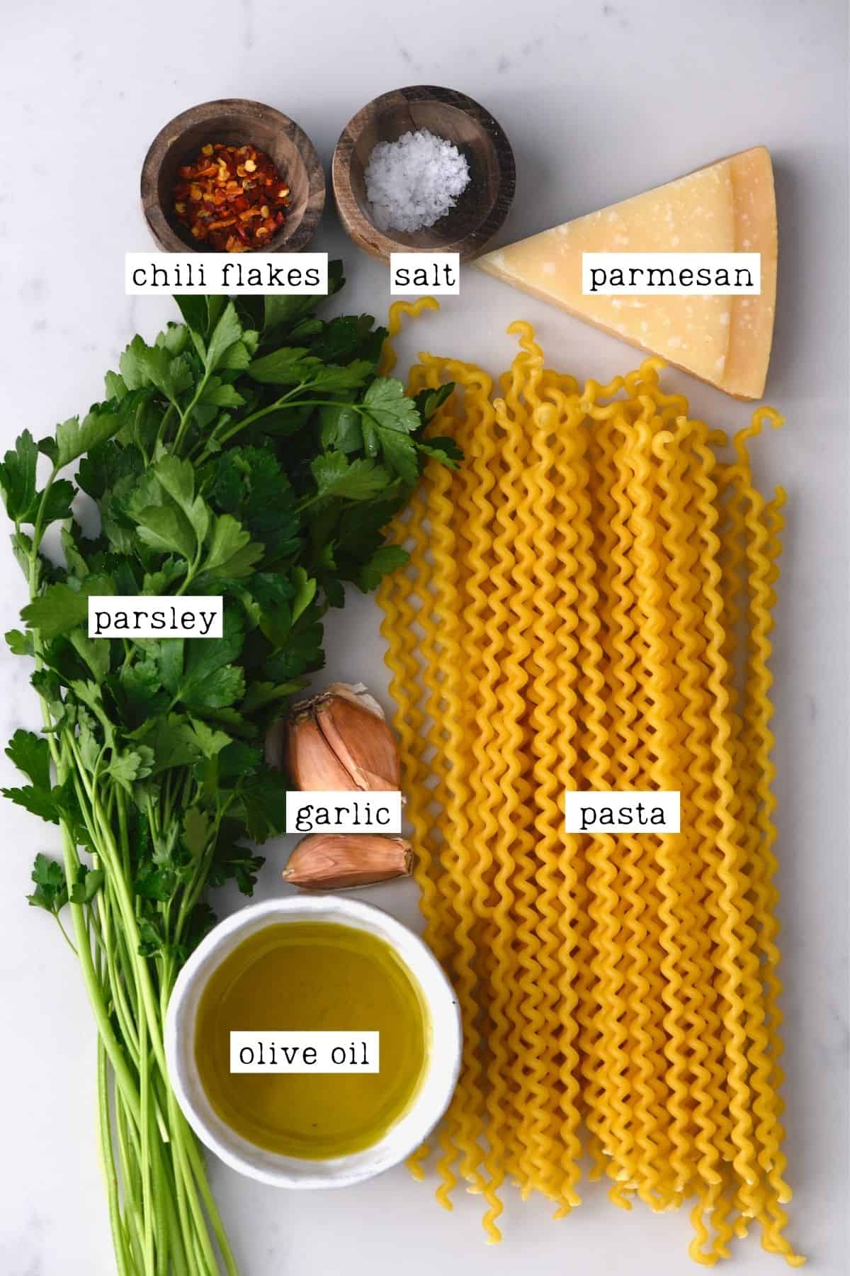 Ingredients for garlic olive oil pasta