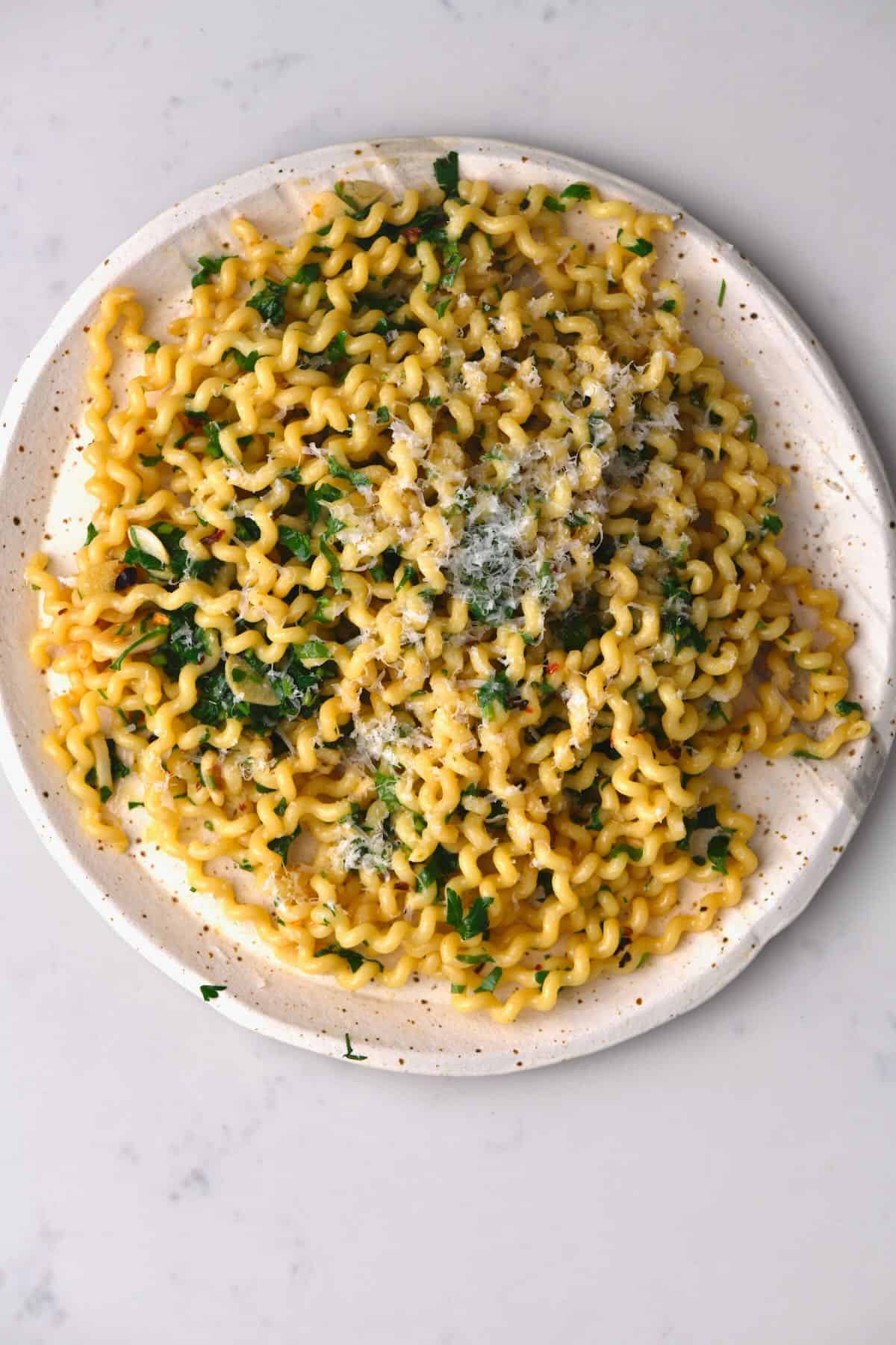 Garlic olive oil pasta topped with parmesan
