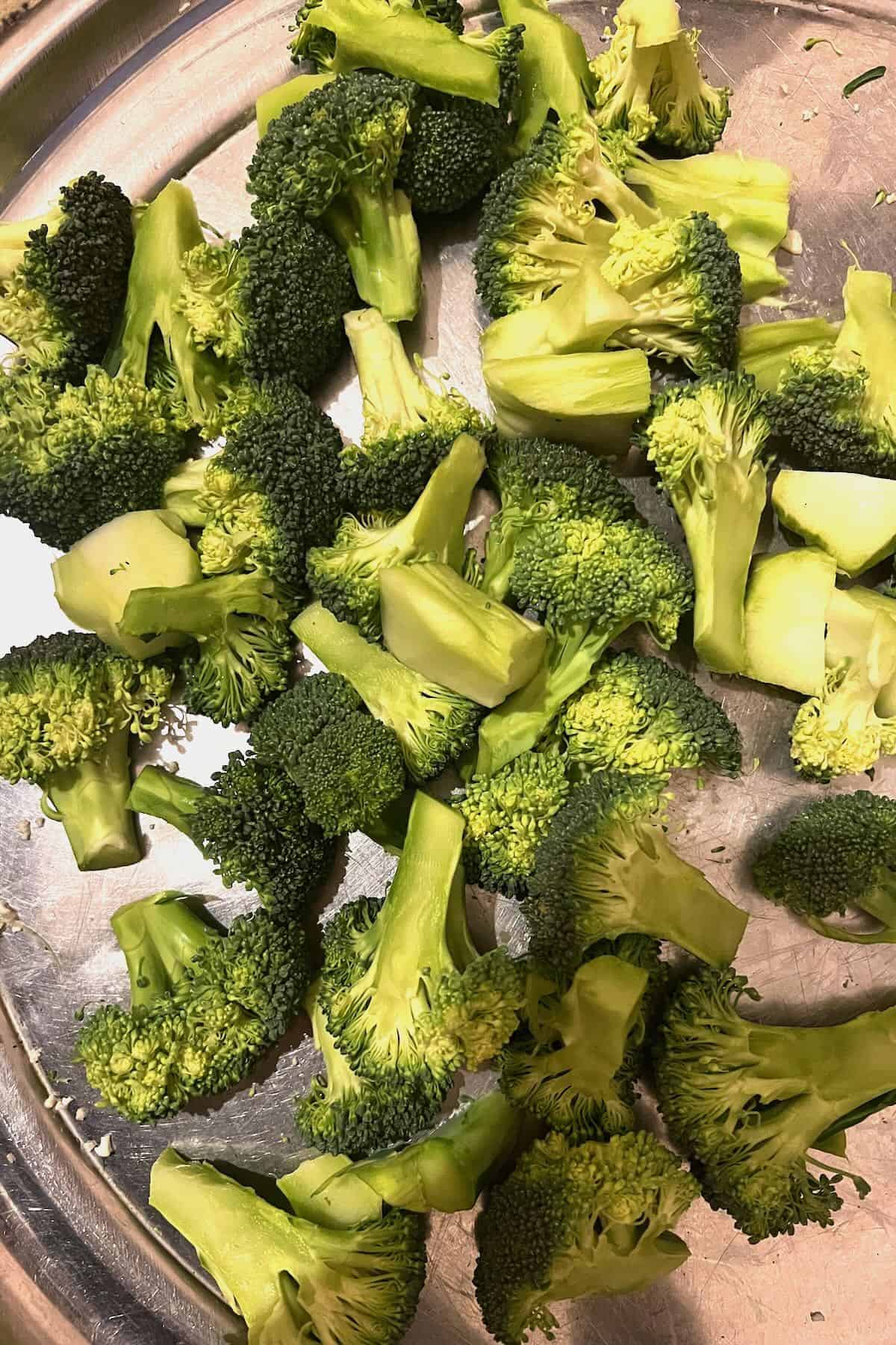 Chopped broccoli on a try