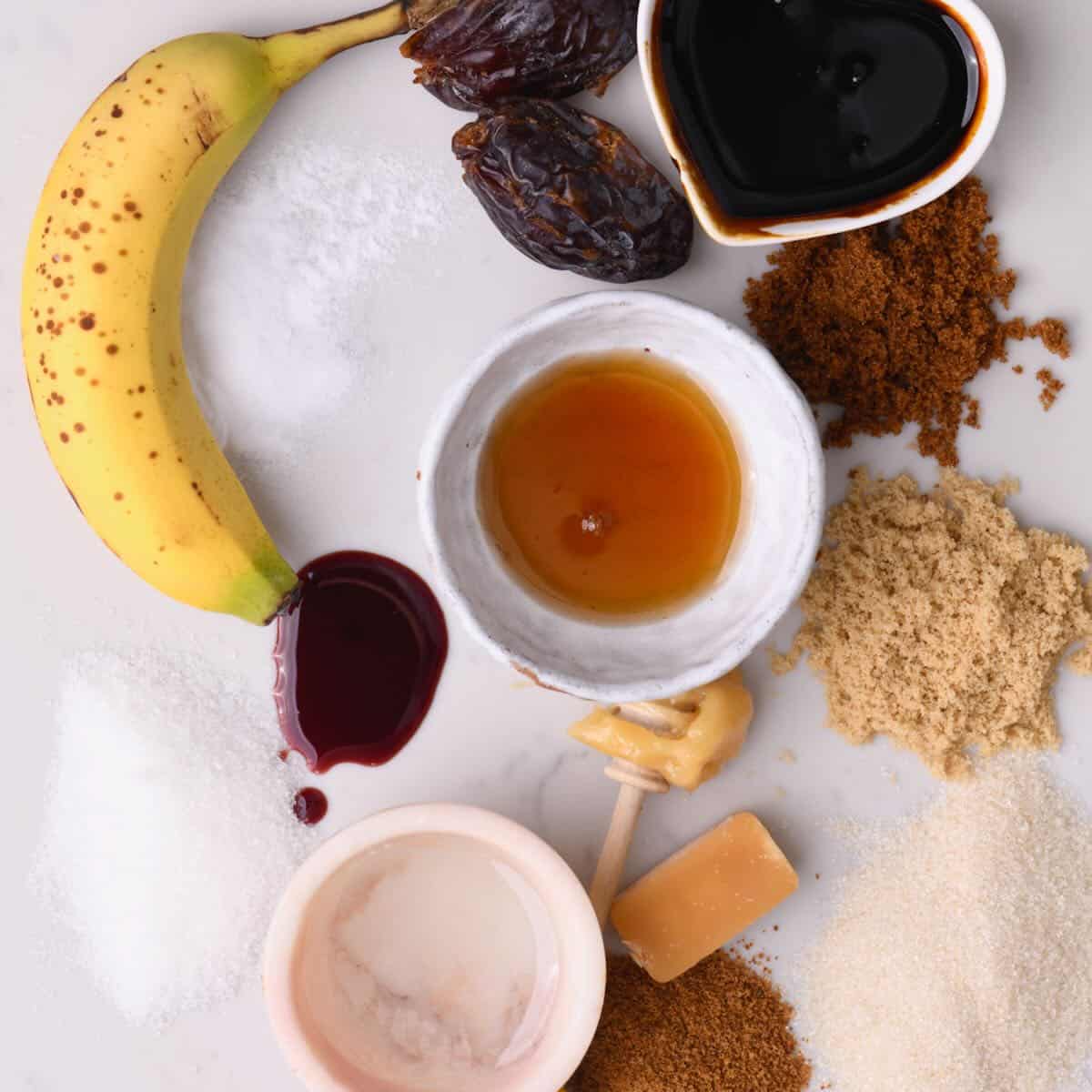 Different types of granulated sugars and liquid sweeteners